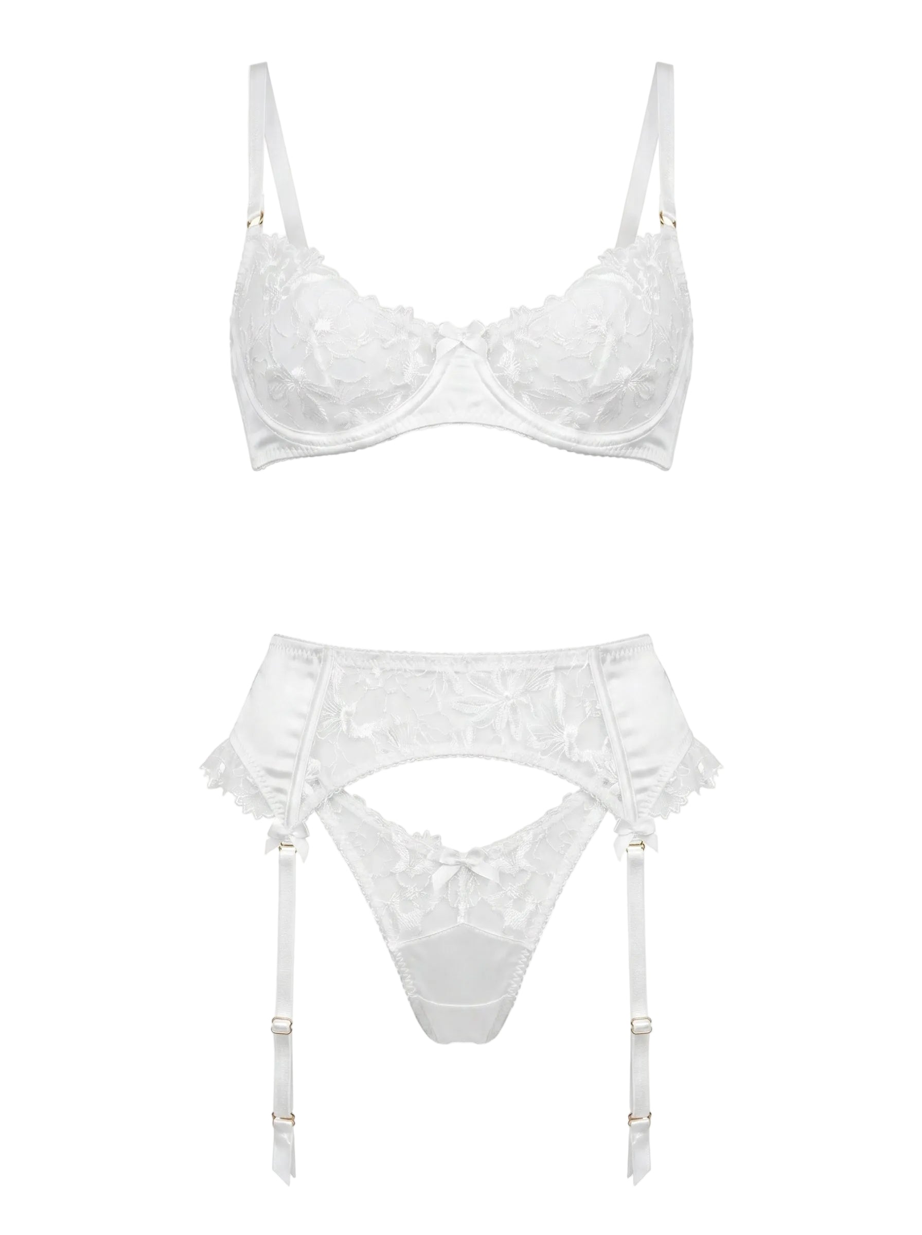 Front view of Lola White 3-piece lingerie set in bridal floral embroidery and satin.