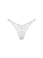 Front view of Lola White thong panties in delicate white lace with satin bows.