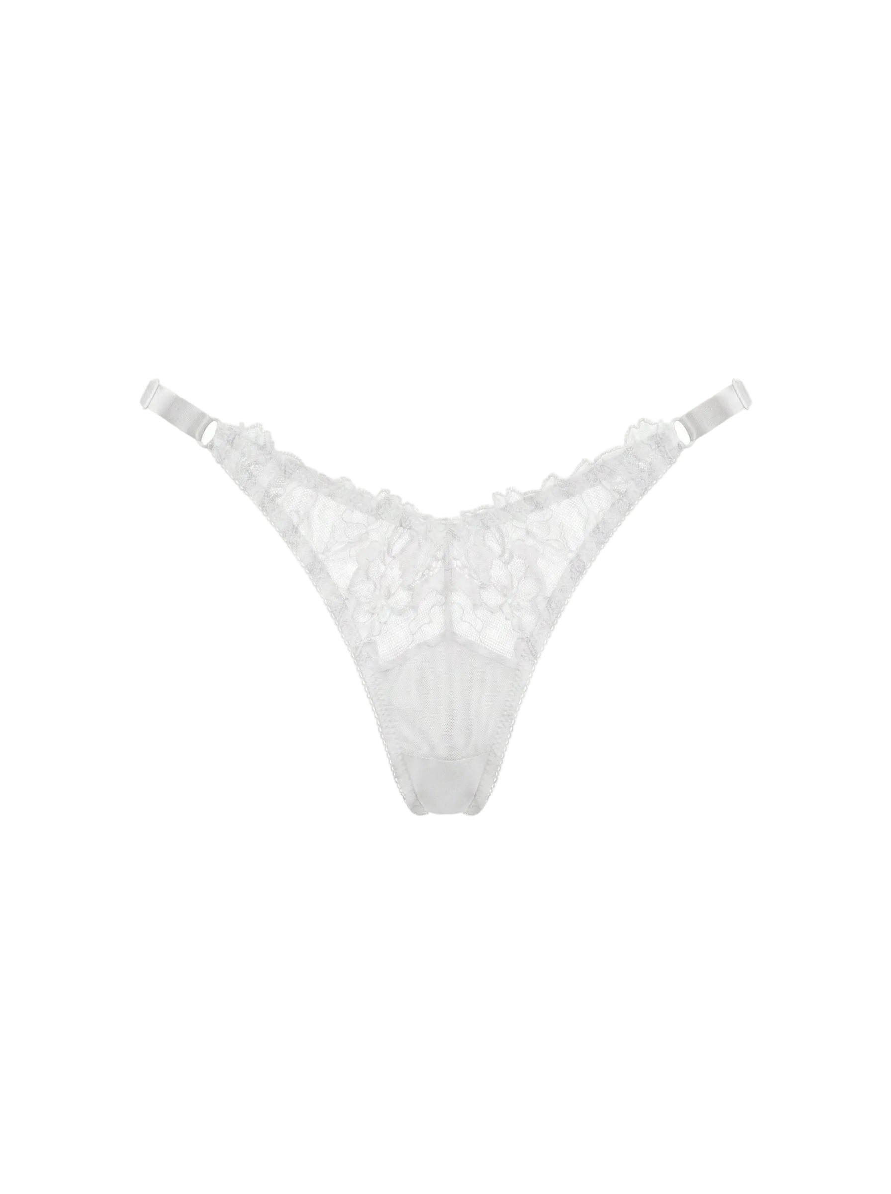 Front view of Lola White thong panties in delicate white lace with satin bows.