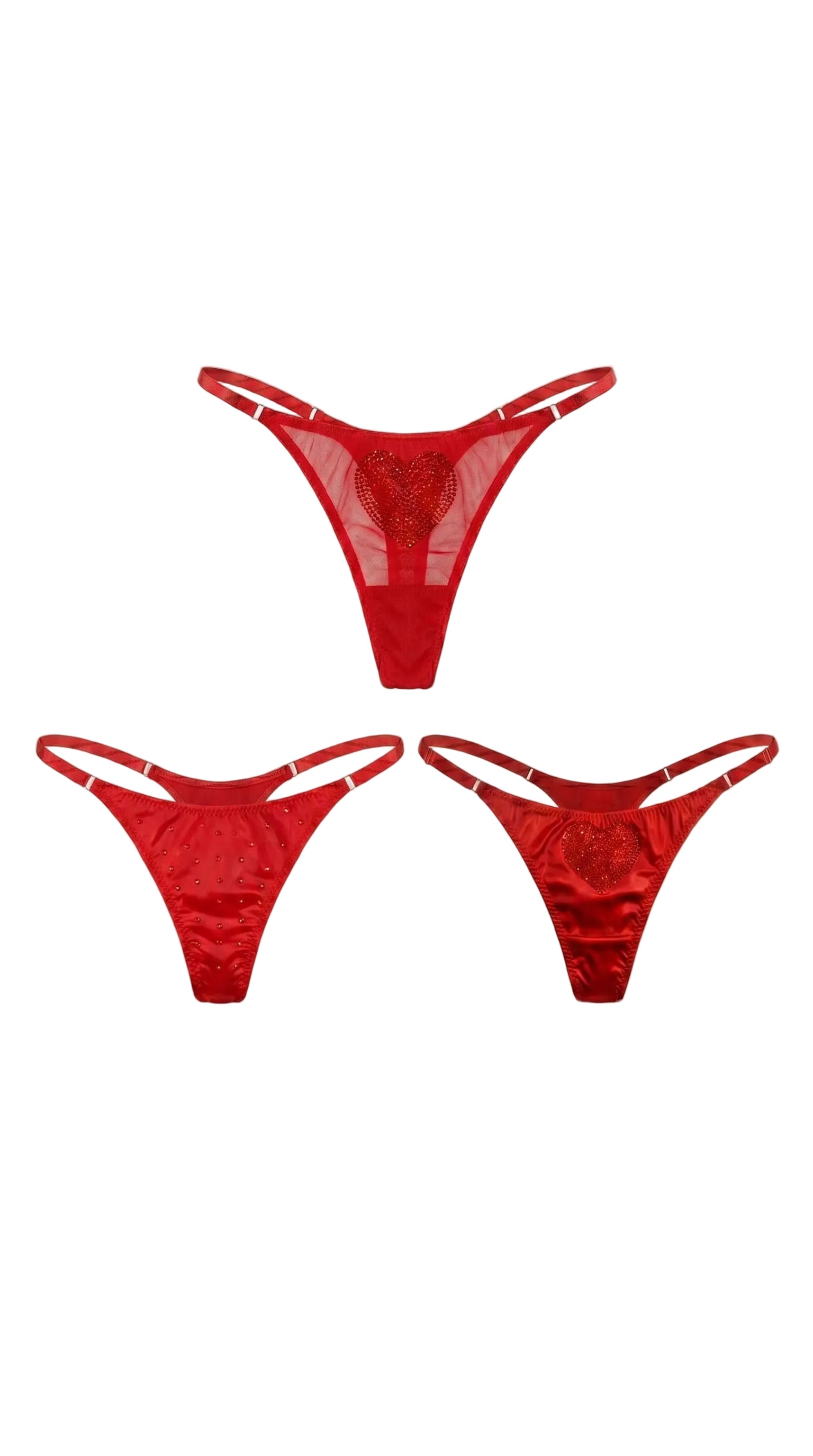 Three red bespoke panties from the Crystall collection featuring artisanal crystal hearts and shimmering details for a perfect architectural fit.