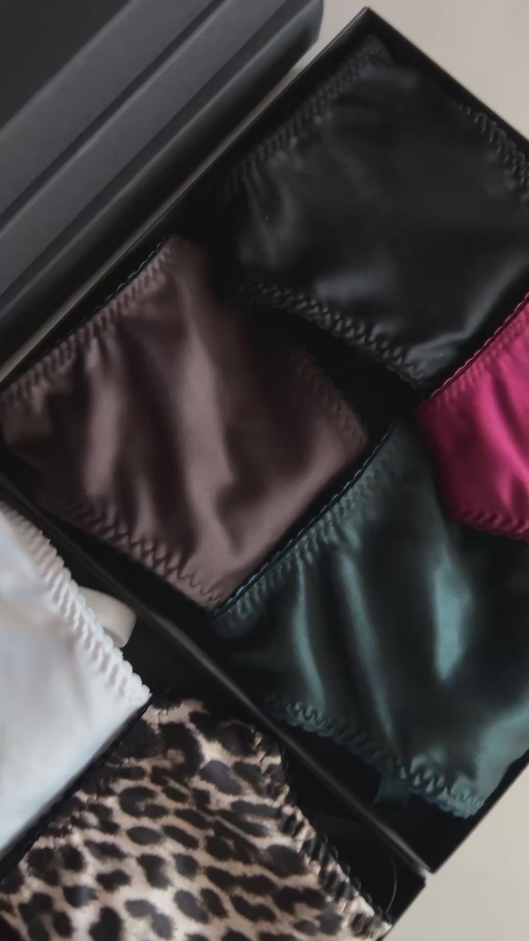 Artisanal multicolor Silk Box panties set video featuring soft satin details.