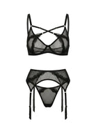 Sculptural black lingerie set Provocation with geometric straps and sheer mesh.