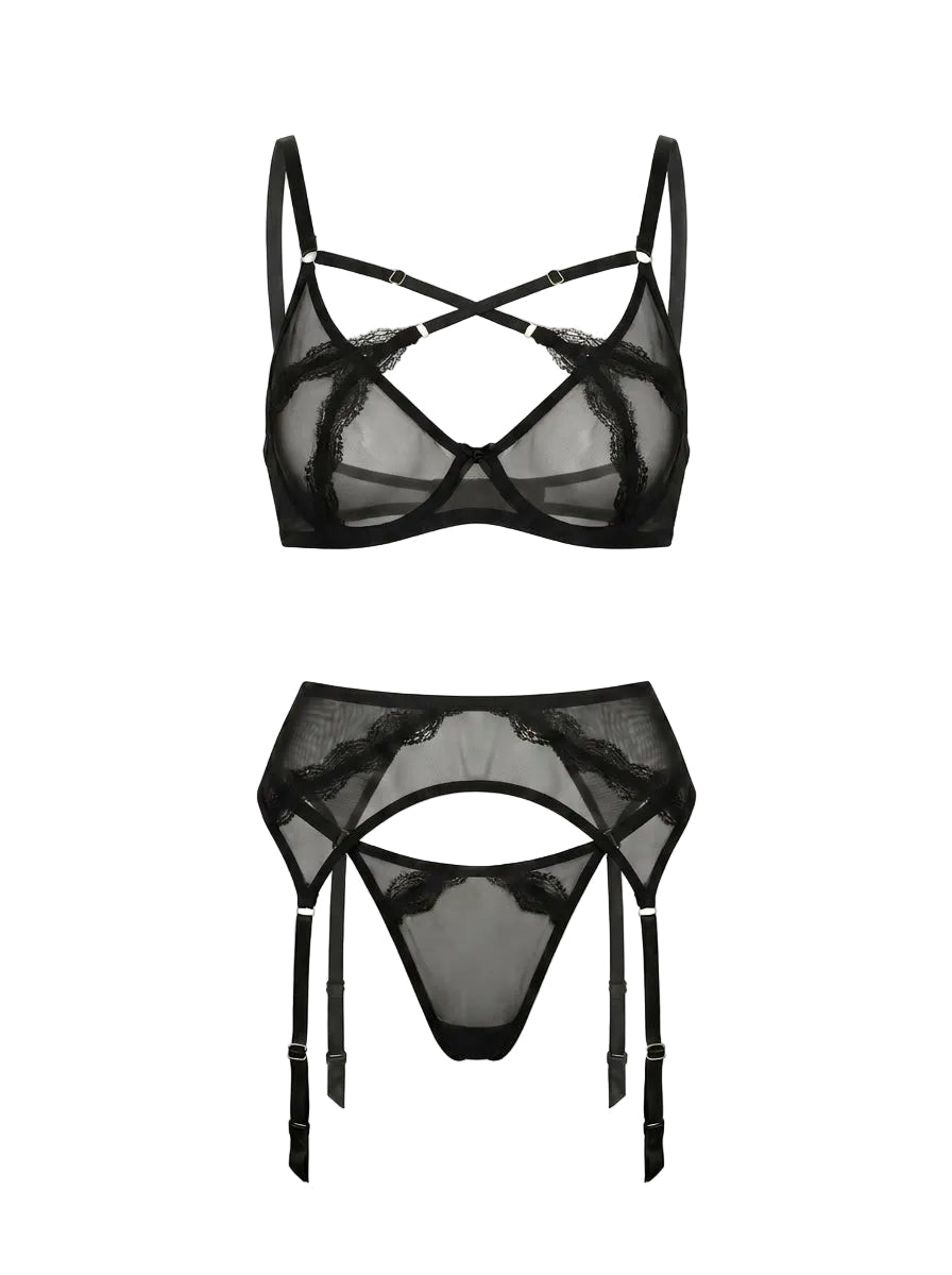 Sculptural black lingerie set Provocation with geometric straps and sheer mesh.