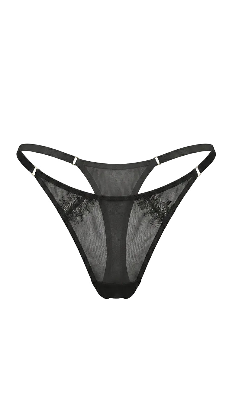 Artisanal black mesh thong Provocation with delicate lace trim.