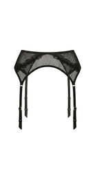 Sculptural black garter belt Provocation with adjustable gold hardware.