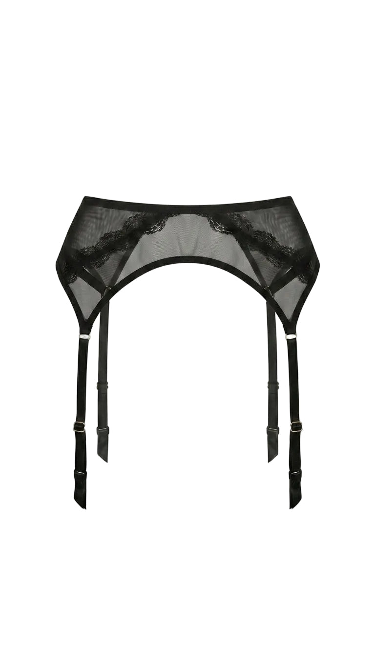 Sculptural black garter belt Provocation with adjustable gold hardware.