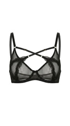 Tailored black sheer bra Provocation with criss-cross strap detailing.