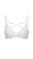 Bespoke white lace bra Provocation with geometric cutout straps.