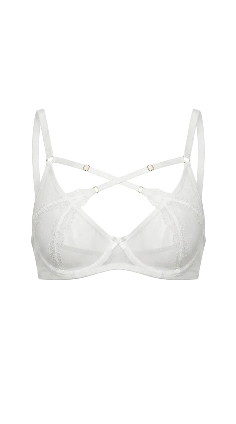 Bespoke white lace bra Provocation with geometric cutout straps.