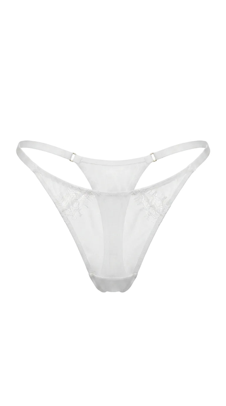 Tailored white mesh and lace panties Provocation with high-cut silhouette.