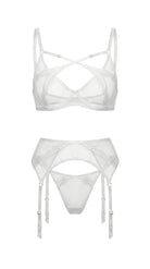 Bespoke white sheer lingerie set Provocation with geometric strap details.