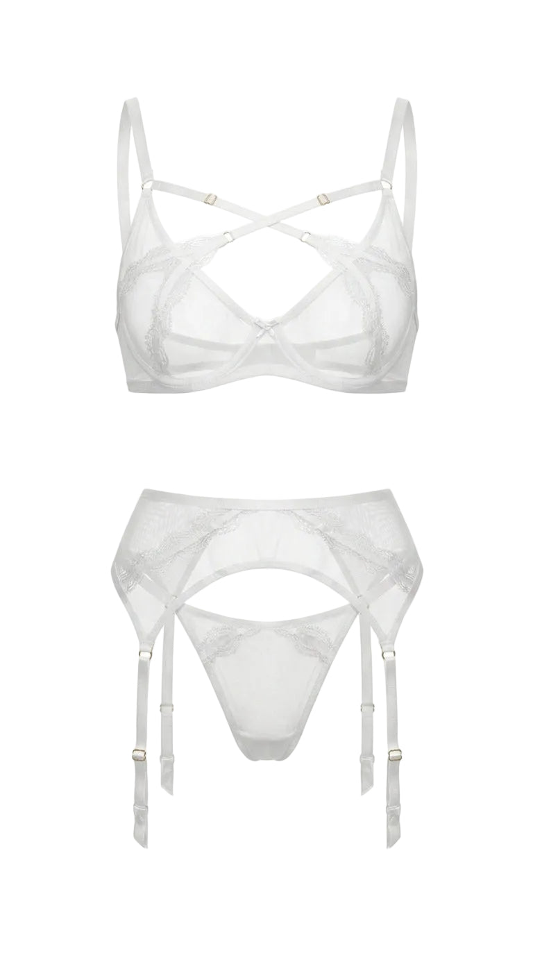 Bespoke white sheer lingerie set Provocation with geometric strap details.