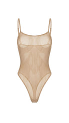 Bespoke sheer mesh bodysuit from the Pure Obsession collection featuring playful heart inserts over the chest and a minimalist architectural silhouette.