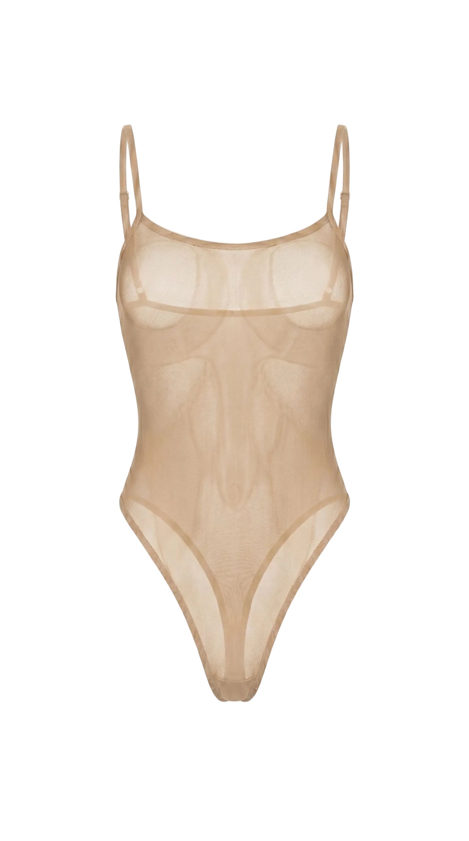 Bespoke sheer mesh bodysuit from the Pure Obsession collection featuring playful heart inserts over the chest and a minimalist architectural silhouette.