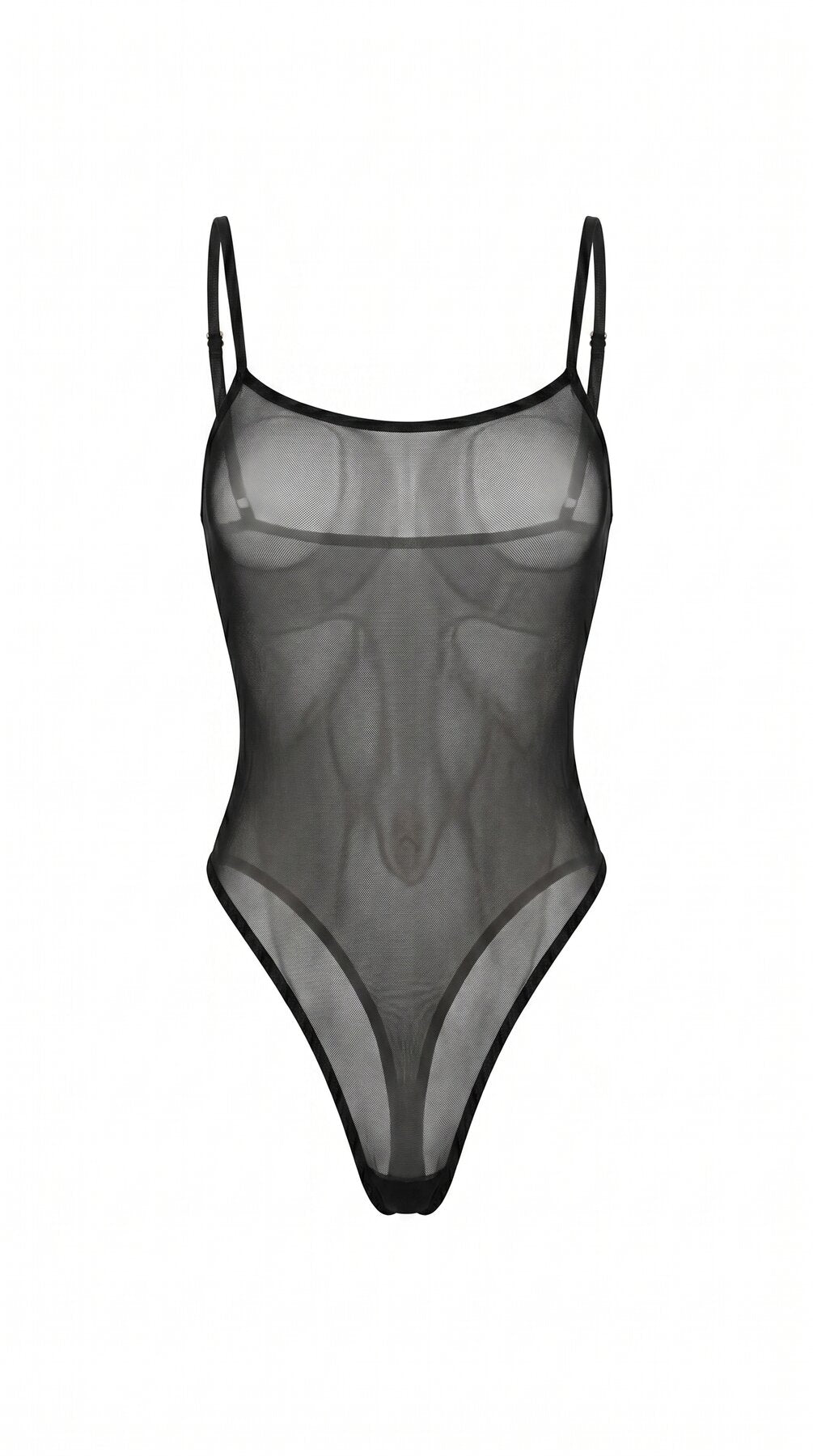 Bespoke black sheer mesh bodysuit from the Pure Obsession collection featuring playful heart inserts over the chest and a minimalist architectural silhouette.