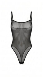 Bespoke black sheer mesh bodysuit from the Pure Obsession collection featuring playful heart inserts over the chest and a minimalist architectural silhouette.