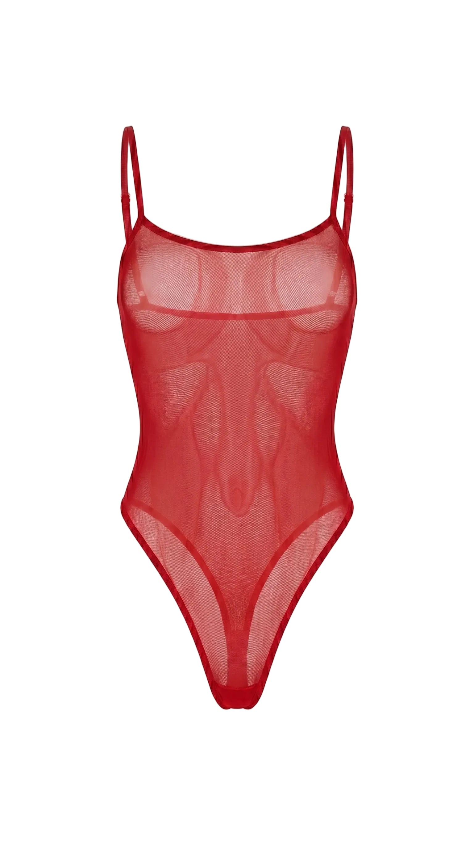 Bespoke sheer mesh bodysuit from the Pure Obsession collection featuring playful heart inserts over the chest and a minimalist architectural silhouette.