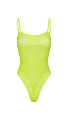 Bespoke sheer mesh bodysuit from the Pure Obsession collection featuring playful heart inserts over the chest and a minimalist architectural silhouette.