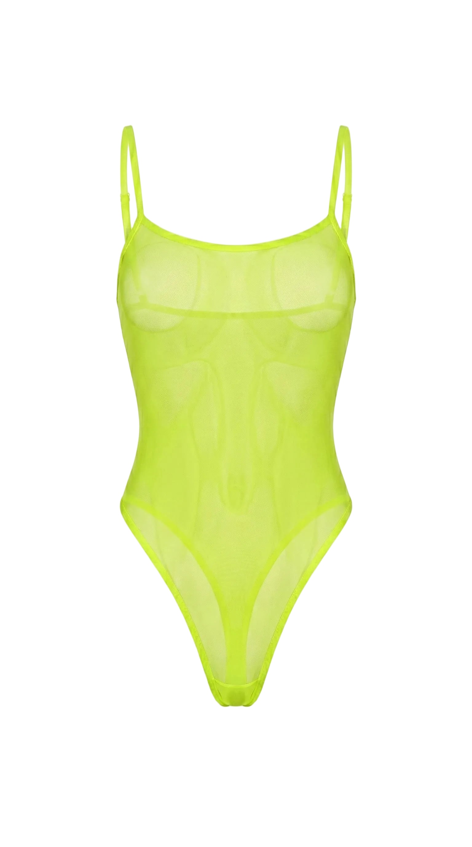 Bespoke sheer mesh bodysuit from the Pure Obsession collection featuring playful heart inserts over the chest and a minimalist architectural silhouette.