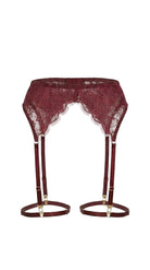 High-waisted Samantha red garter belt with sculptural lace and adjustable gold-toned straps.