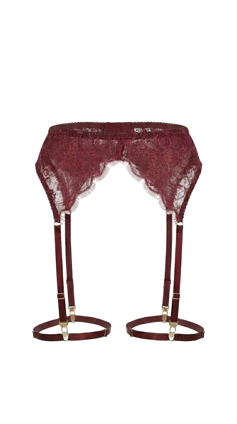 High-waisted Samantha red garter belt with sculptural lace and adjustable gold-toned straps.