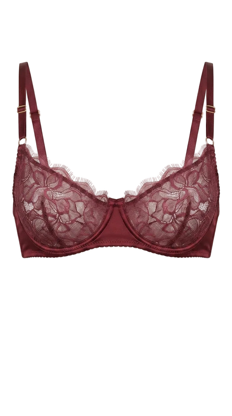 Samantha red floral lace bra featuring architectural mesh and custom tailoring for a perfect fit.