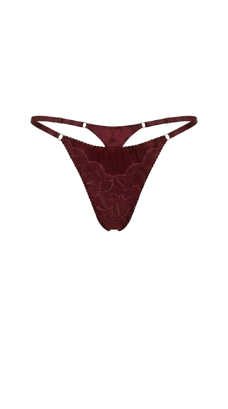 Samantha red bespoke lace panties featuring scarlet floral embroidery and sheer mesh.