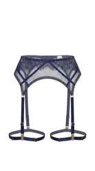 Bespoke three-piece blue lingerie collection Sapphire with high-waisted garter belt.