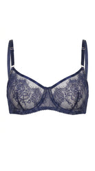 Sapphire blue lace bra featuring architectural mesh panels and custom tailoring for a flawless fit.