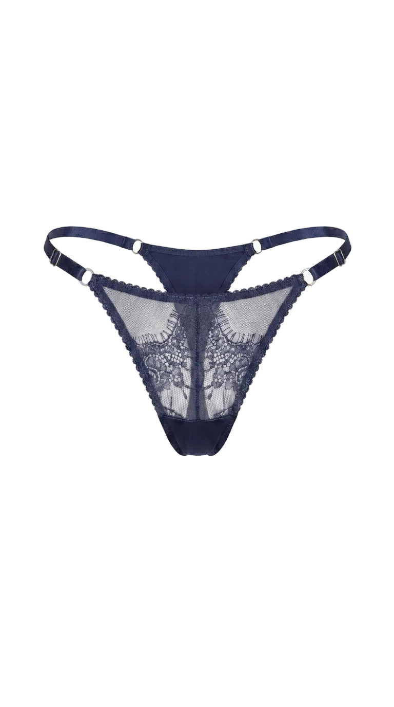 Handcrafted cobalt lace bra and matching panties from the Sapphire artisanal collection.