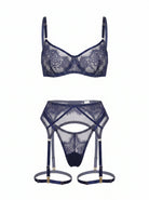 Regal Sapphire blue lingerie set featuring intricate cobalt floral lace and architectural mesh.
