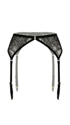 Handcrafted raw noir lace bra and matching garter belt from the Savage collection.