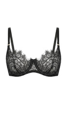 Savage black lace bra featuring architectural mesh panels and custom precision tailoring.