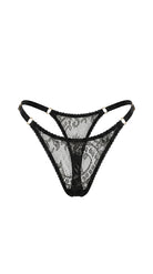 Detailed view of artisanal black lace and translucent mesh on the Savage set.