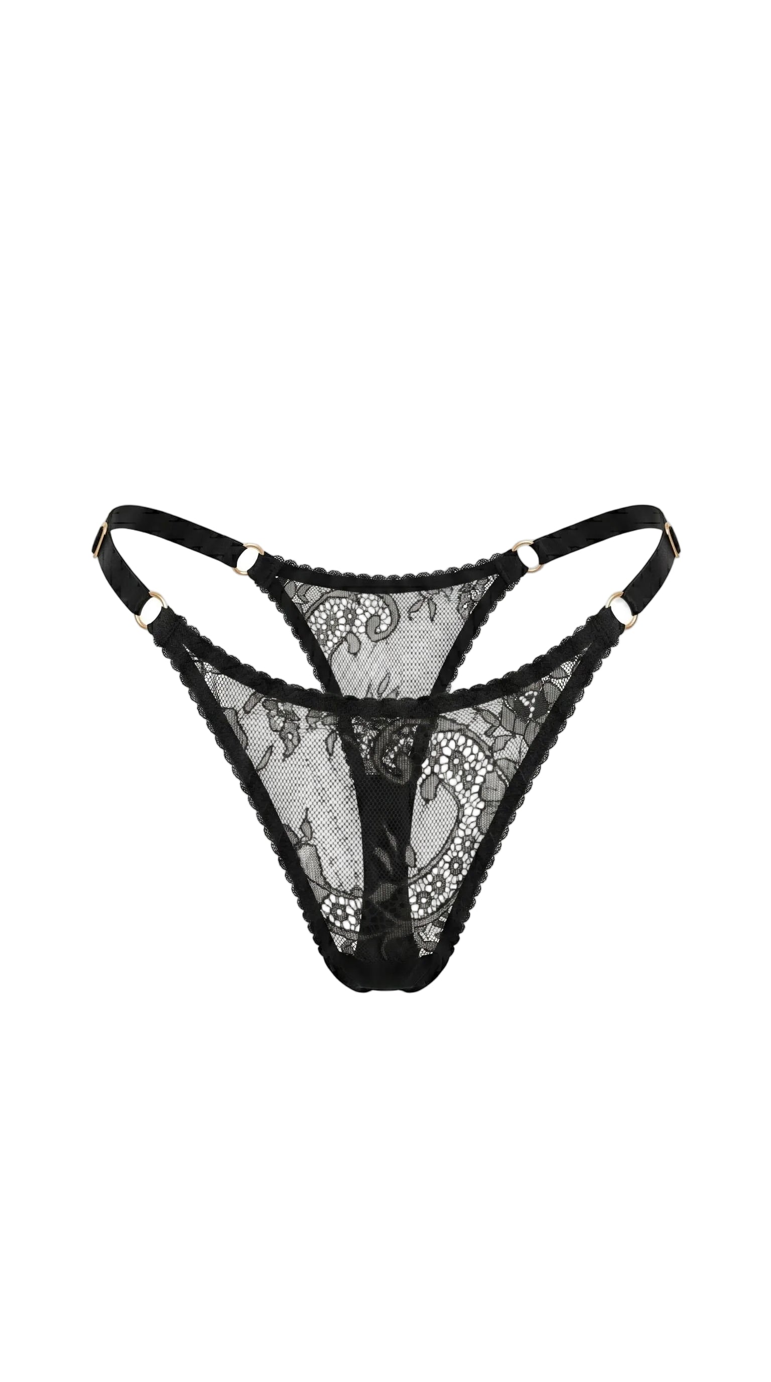 Detailed view of artisanal black lace and translucent mesh on the Savage set.