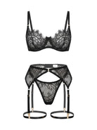 Bespoke Savage black lingerie set featuring raw noir lace and architectural mesh.