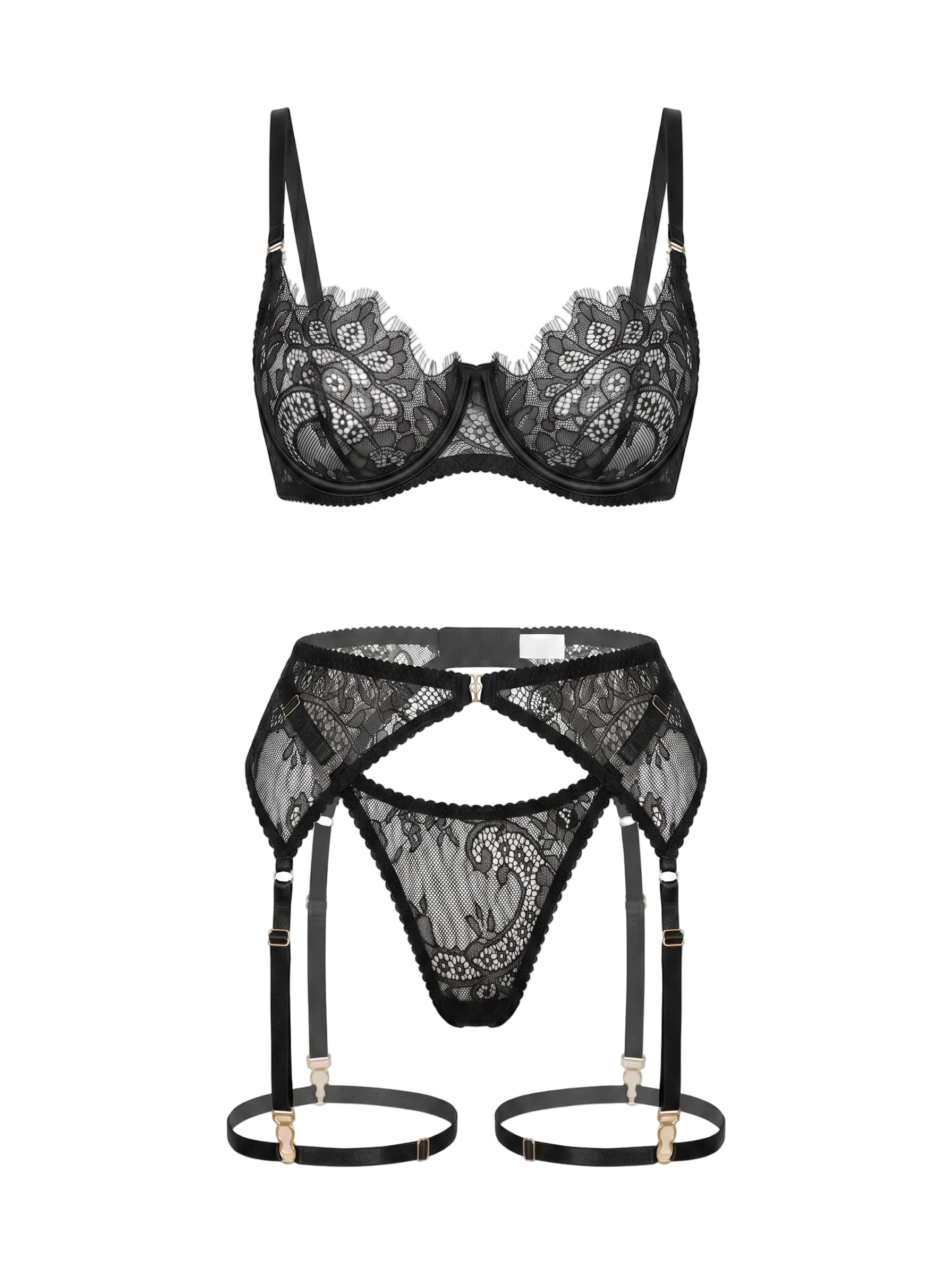 Bespoke Savage black lingerie set featuring raw noir lace and architectural mesh.