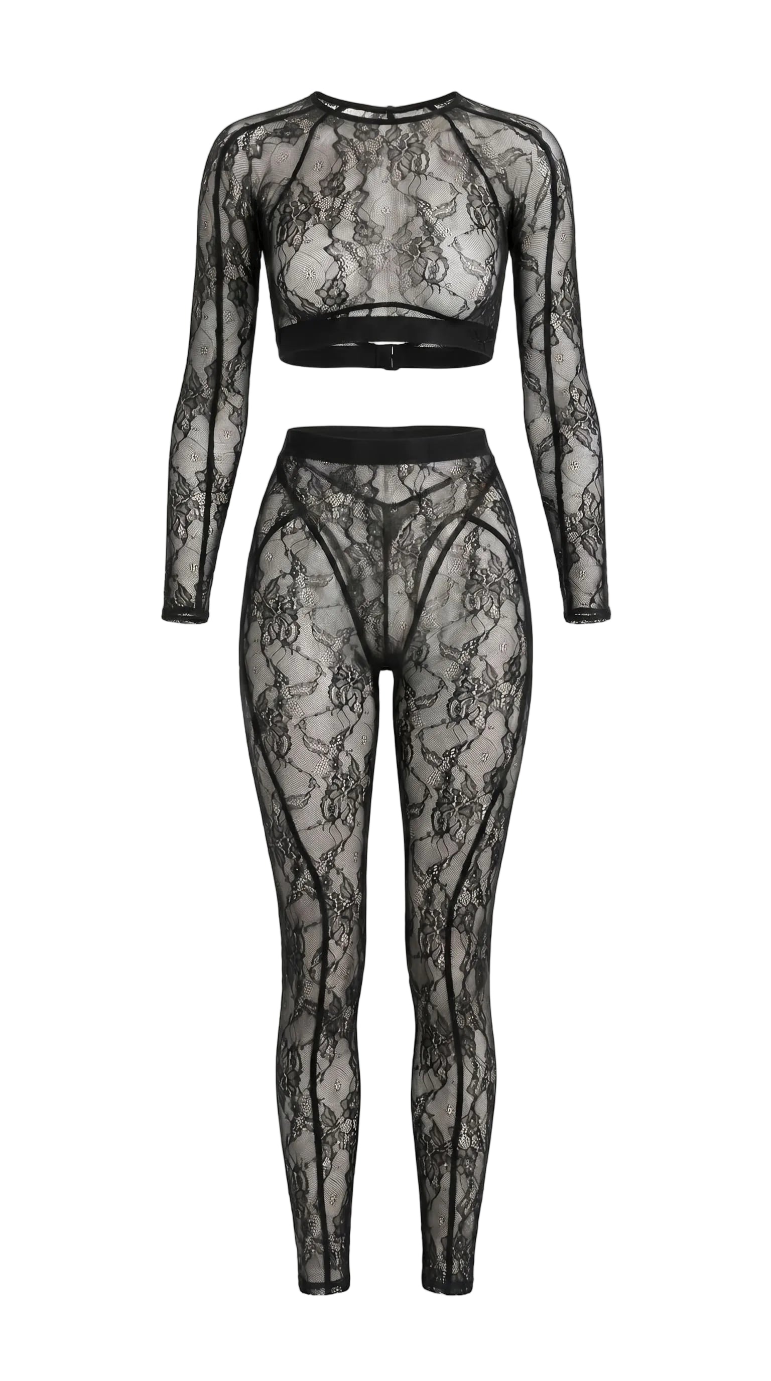Bespoke black Sensual Edge lace suit with architectural open-back detail.