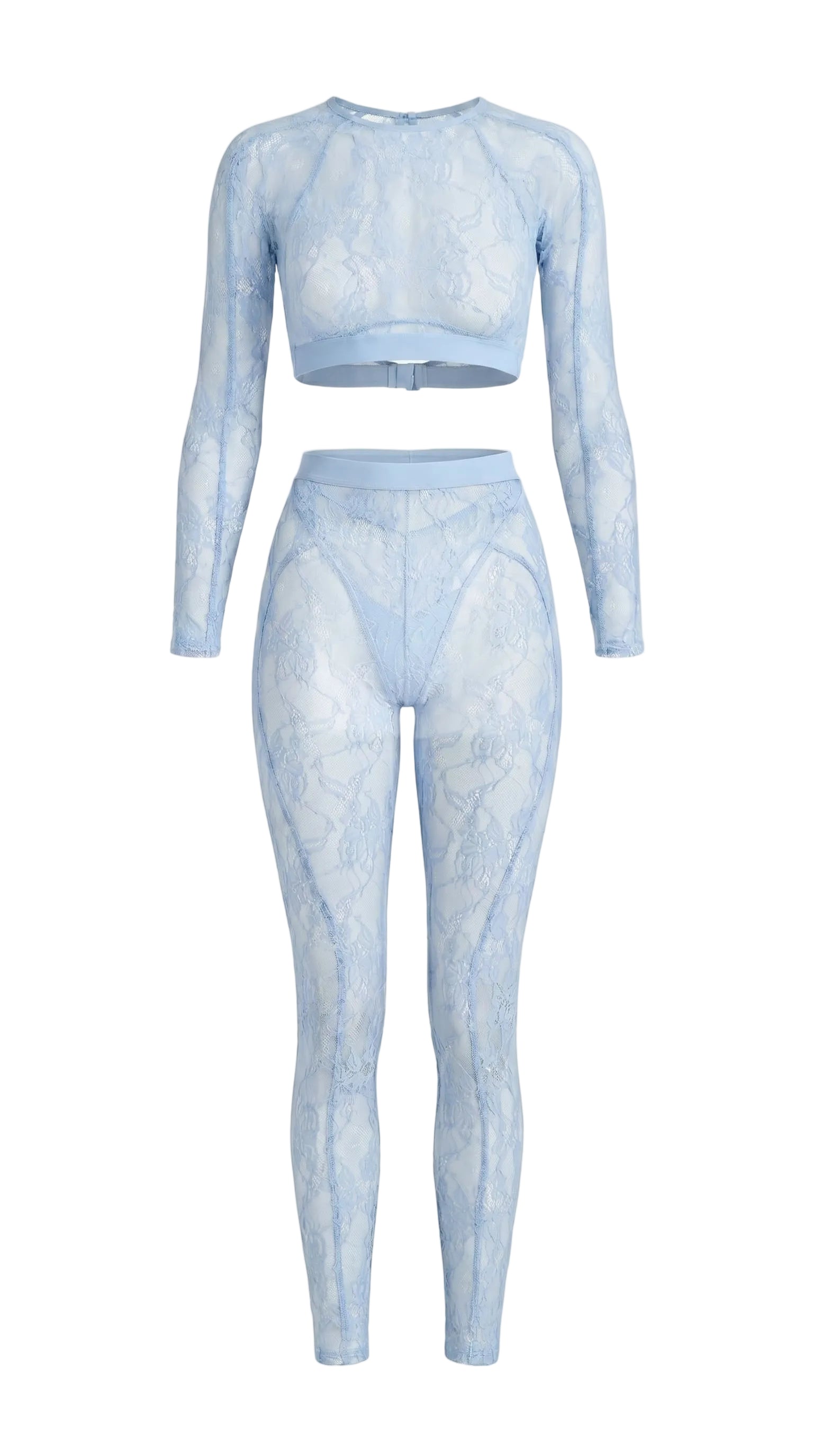Bespoke blue Sensual Edge lace suit with architectural open-back detail.