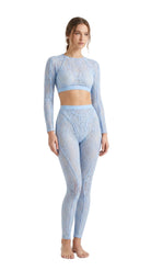 Handcrafted blue floral lace jumpsuit designed for a second-skin fit.