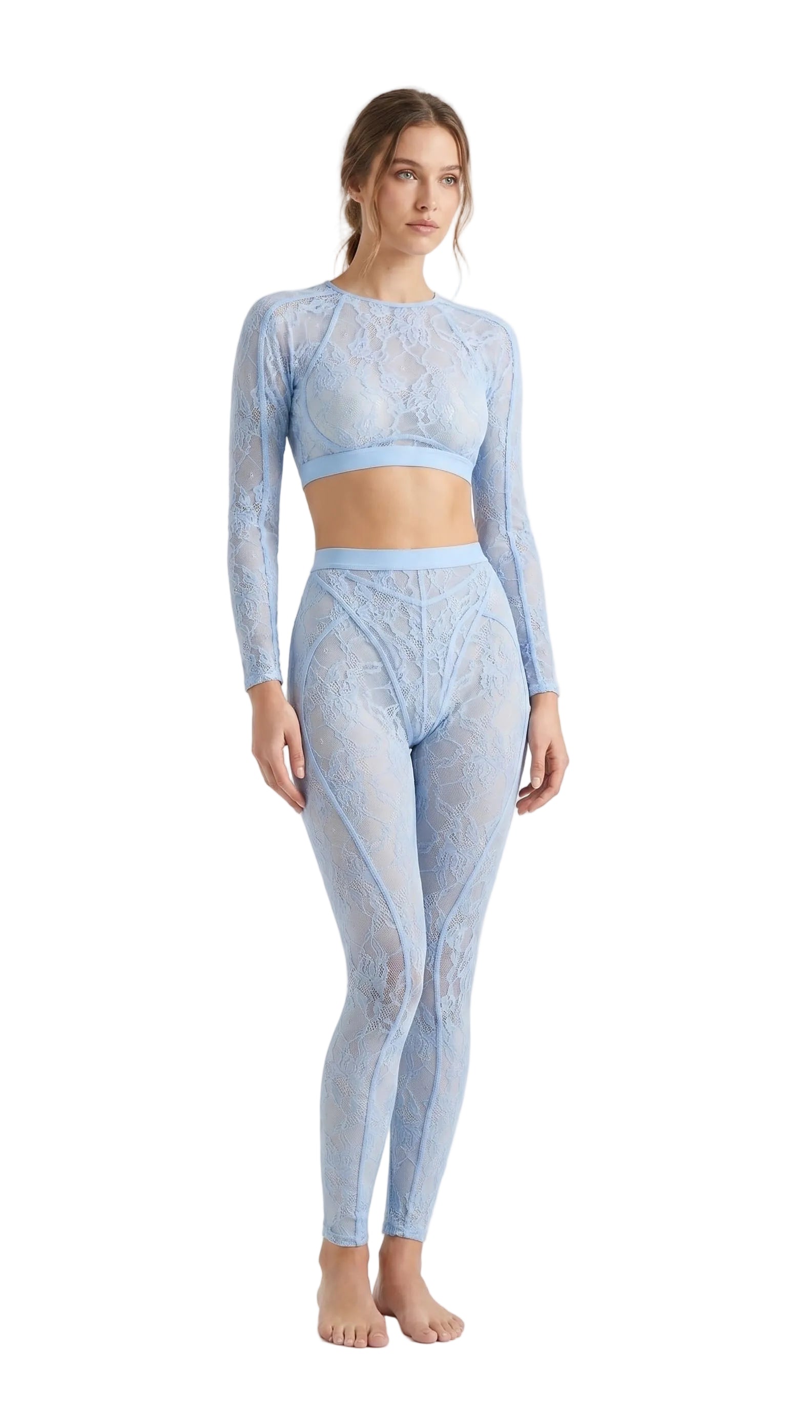Handcrafted blue floral lace jumpsuit designed for a second-skin fit.