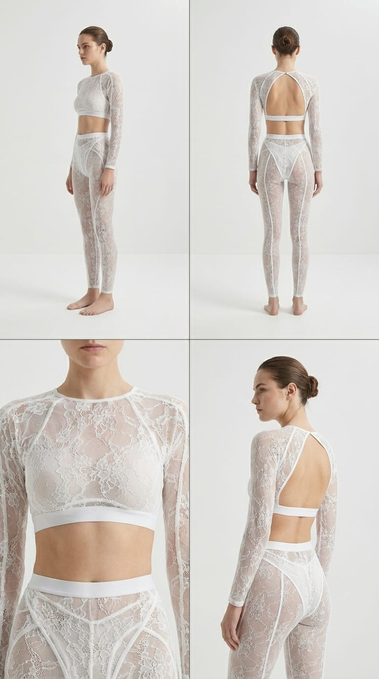 Detailed view of artisanal lace embroidery on the white Sensual Edge suit.