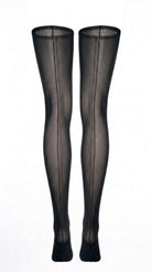 Back view of sheer black stockings, showing the seam running the length of the leg.