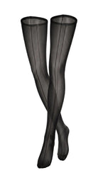 Front view of sheer black stockings with a fine contrast back-seam line.