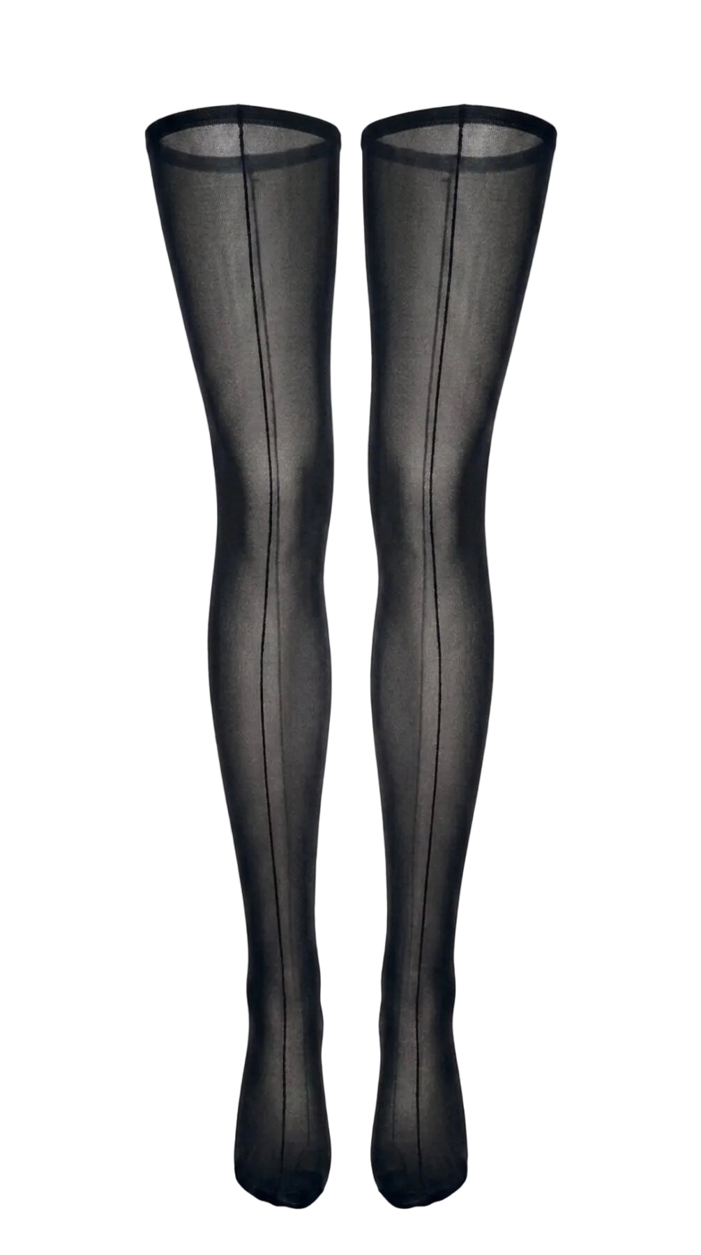 Close-up front view of sheer black stockings showing the back-seam detail.