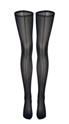 Close-up front view of sheer black stockings showing the back-seam detail.