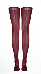 Back view of sheer bordeaux stockings, showing the seam running the length of the leg.