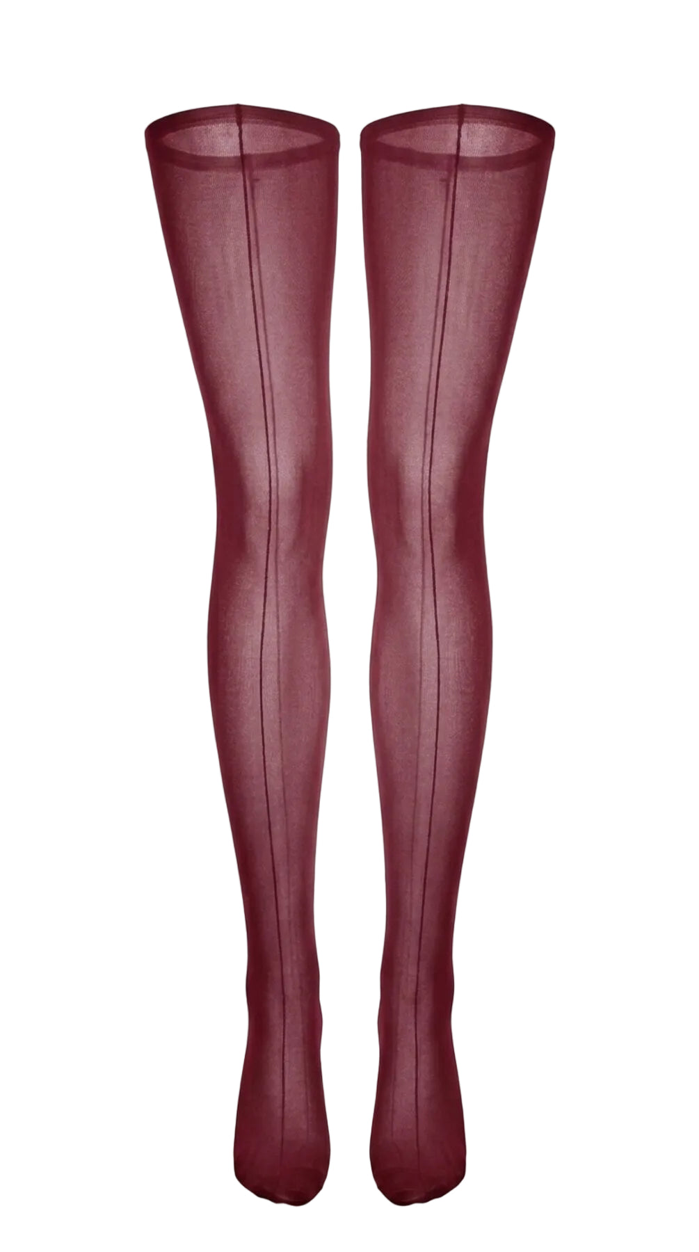 Close-up front view of sheer bordeaux stockings showing the back-seam detail.