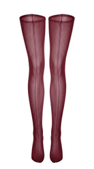 Close-up front view of sheer bordeaux stockings showing the back-seam detail.