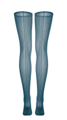 Back view of sheer emerald stockings, showing the seam running the length of the leg.